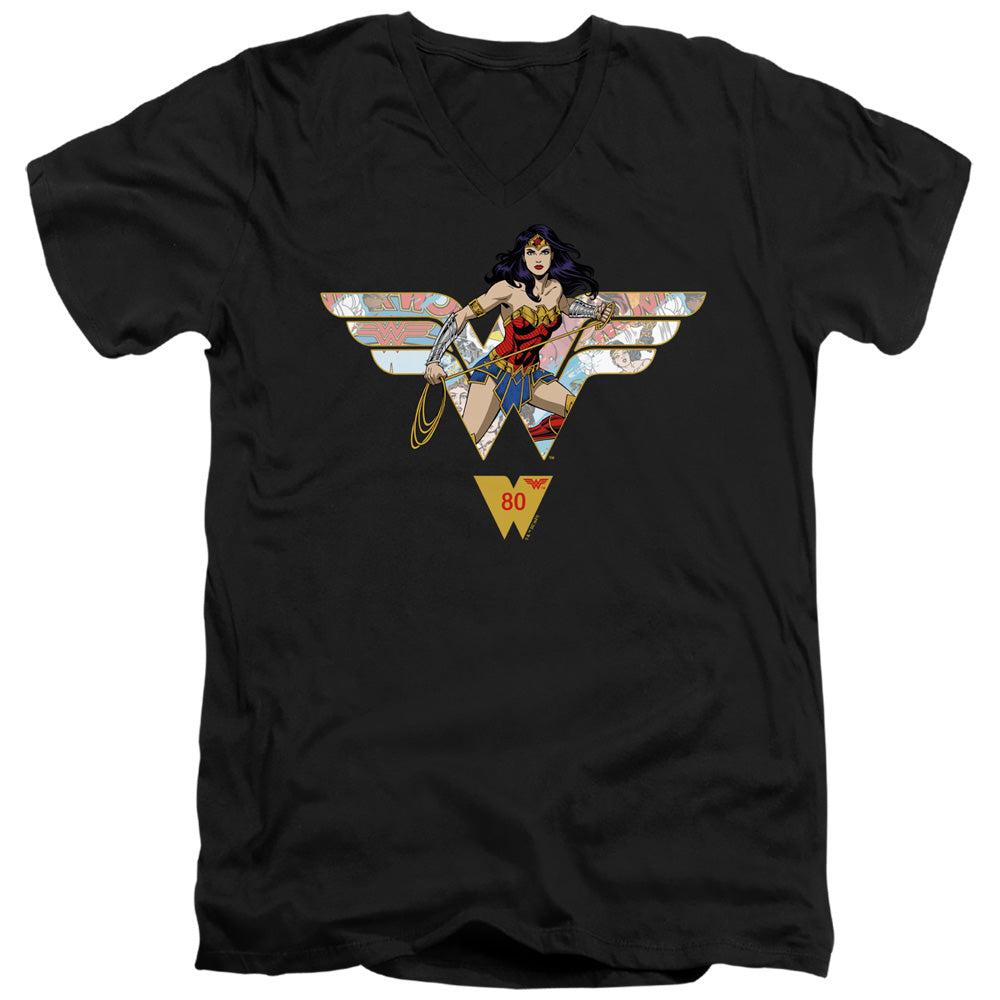 WONDER WOMAN/WW 80TH COLLAGE LOGO - S/S ADULT V-NECK 30/1 - BLACK