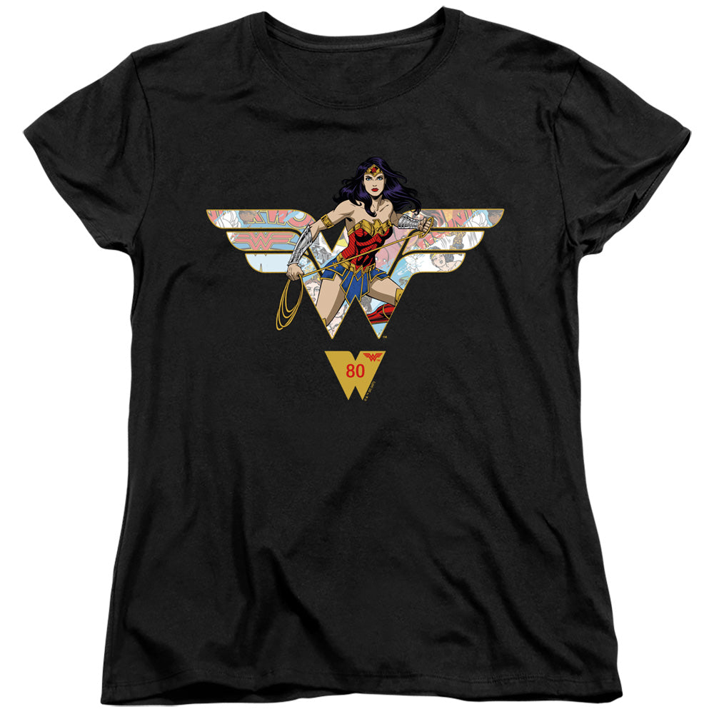 WONDER WOMAN/WW 80TH COLLAGE LOGO - S/S WOMENS TEE - BLACK