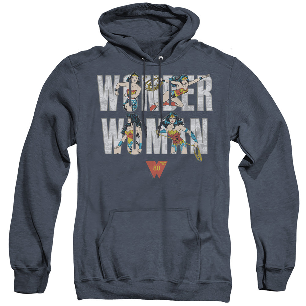 WONDER WOMAN/WW 80TH ILLUSTRATED TYPE - ADULT HEATHER HOODIE - NAVY