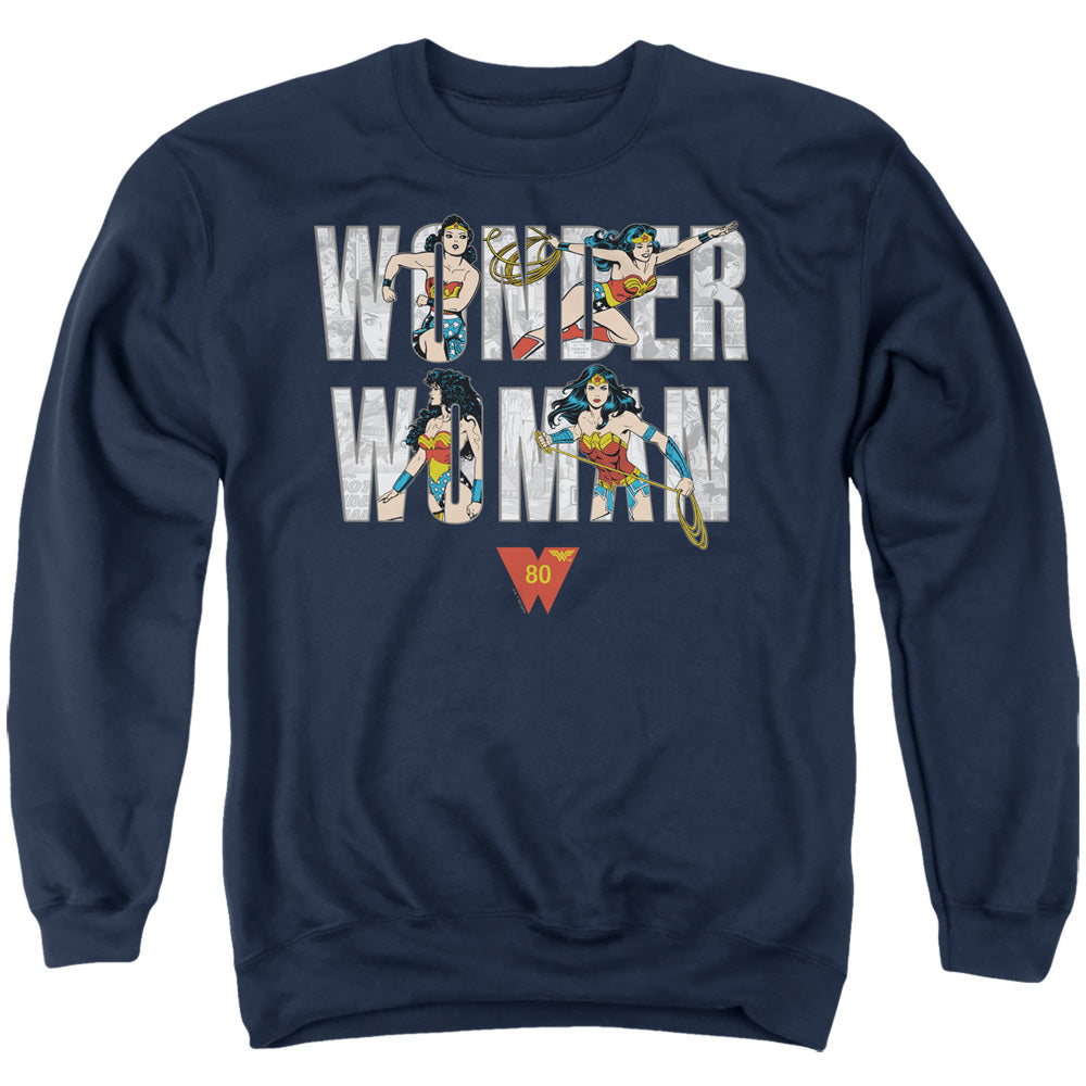 WONDER WOMAN/WW 80TH ILLUSTRATED TYPE - ADULT CREWNECK SWEATSHIRT - NAVY