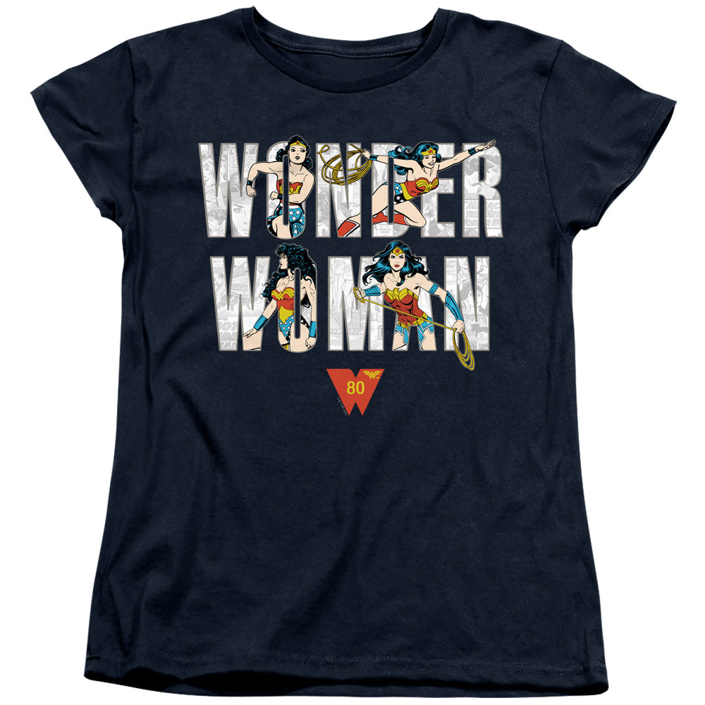 WONDER WOMAN/WW 80TH ILLUSTRATED TYPE - S/S WOMENS TEE - NAVY