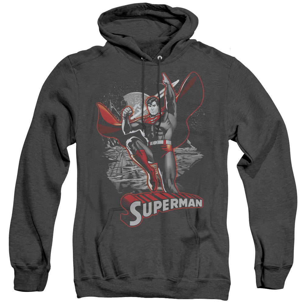 JLA/SUPERMAN RED & GRAY - ADULT HEATHER HOODIE - BLACK