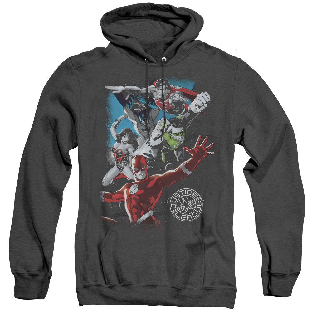 JLA/GALACTIC ATTACK - ADULT HEATHER HOODIE - BLACK