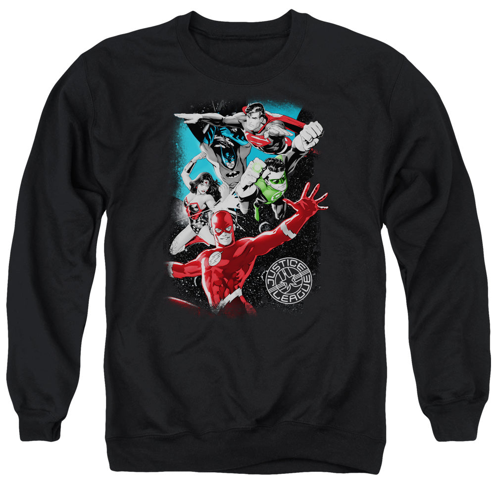 JLA/GALACTIC ATTACK - ADULT CREWNECK SWEATSHIRT - BLACK