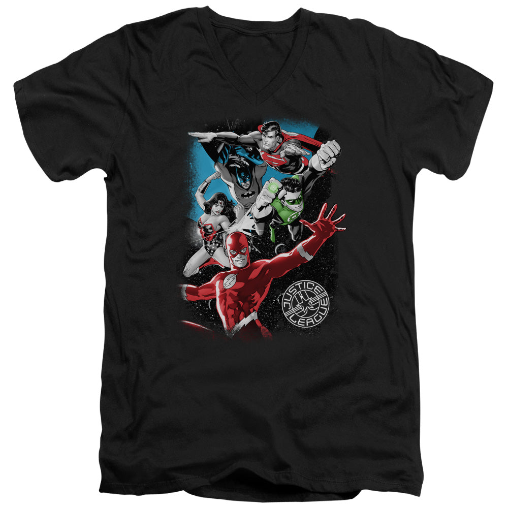 JLA/GALACTIC ATTACK - S/S ADULT V-NECK 30/1 - BLACK