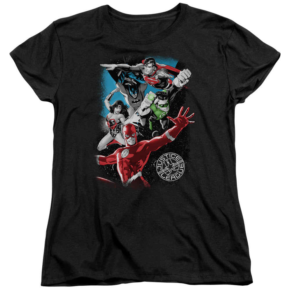 JLA/GALACTIC ATTACK - S/S WOMENS TEE - BLACK