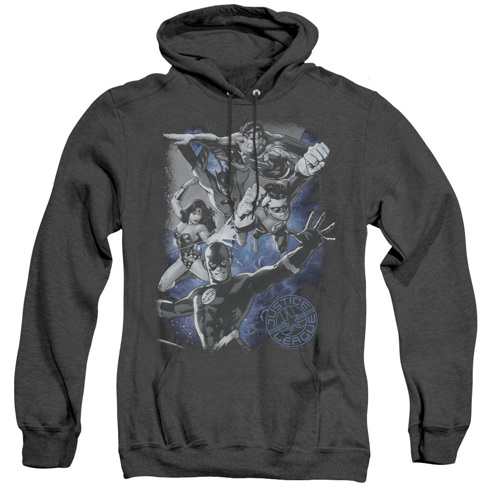 JLA/GALACTIC ATTACK NEBULA - ADULT HEATHER HOODIE - BLACK