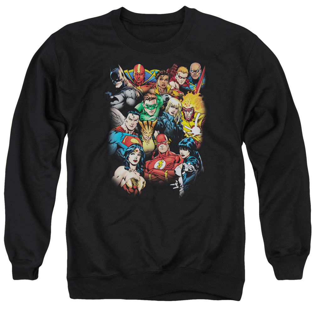 JLA/THE LEAGUE&#39;S ALL HERE - ADULT CREWNECK SWEATSHIRT - BLACK
