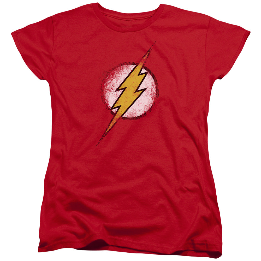 JLA/DESTROYED FLASH LOGO - S/S WOMENS TEE - RED