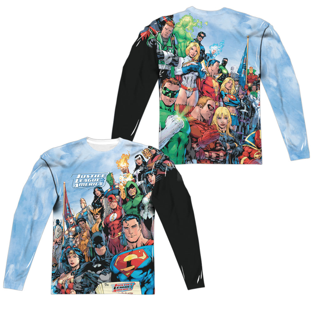 JLA/JUSTICE LEAGUE OF AMERICA (FRONT/BACK PRINT) - L/S ADULT POLY CREW  - MULTI