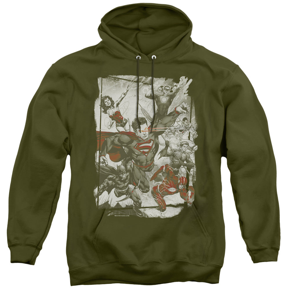 JLA/GREEN AND RED - ADULT PULLOVER HOODIE - MILITARY GREEN