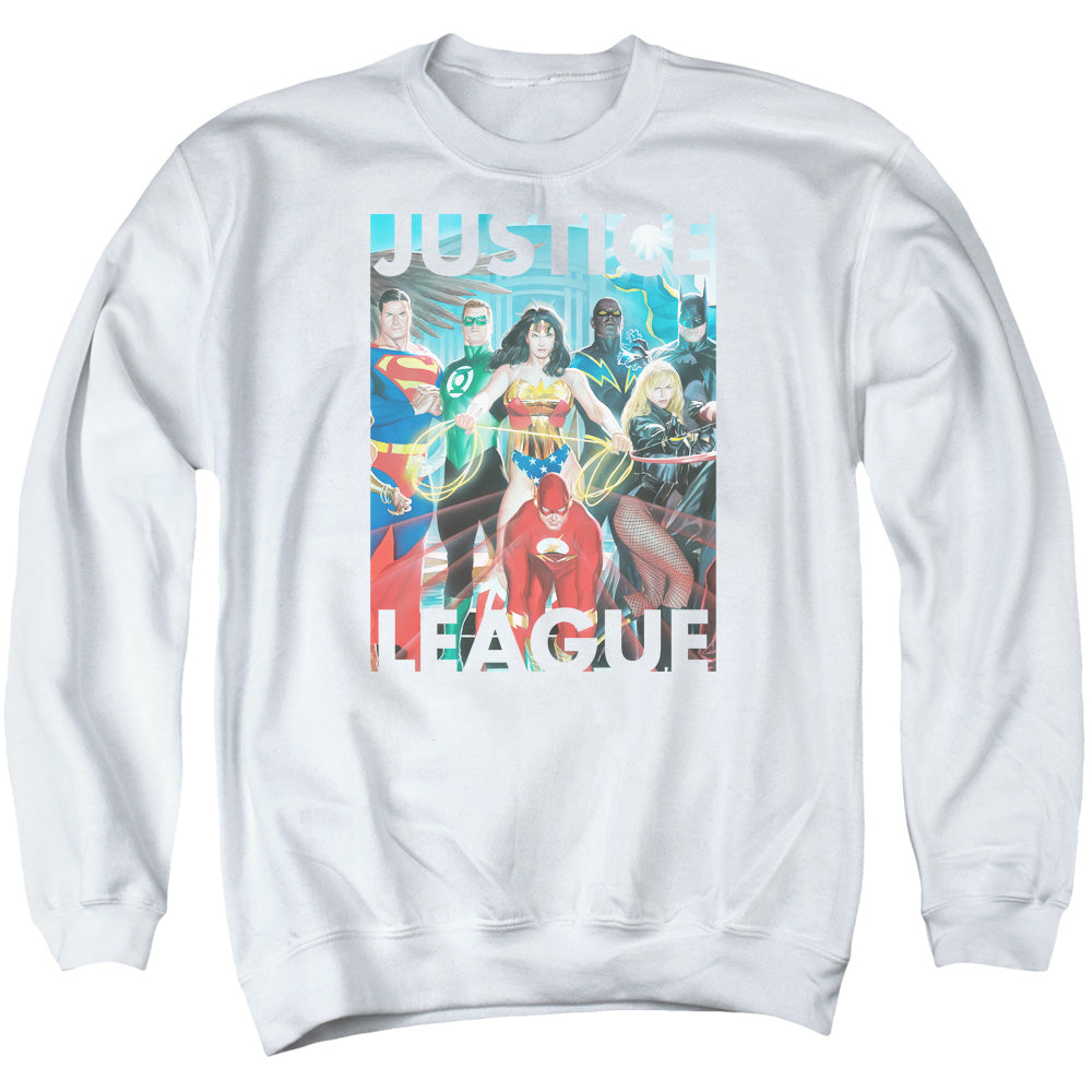 JLA/HALL OF JUSTICE - ADULT CREWNECK SWEATSHIRT - WHITE