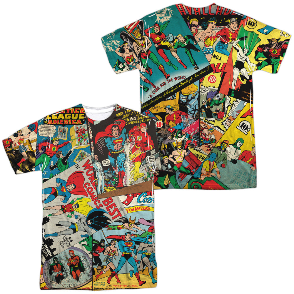 JLA/CLASSIC COLLAGE (FRONT/BACK PRINT) - S/S ADULT POLY CREW - MULTI