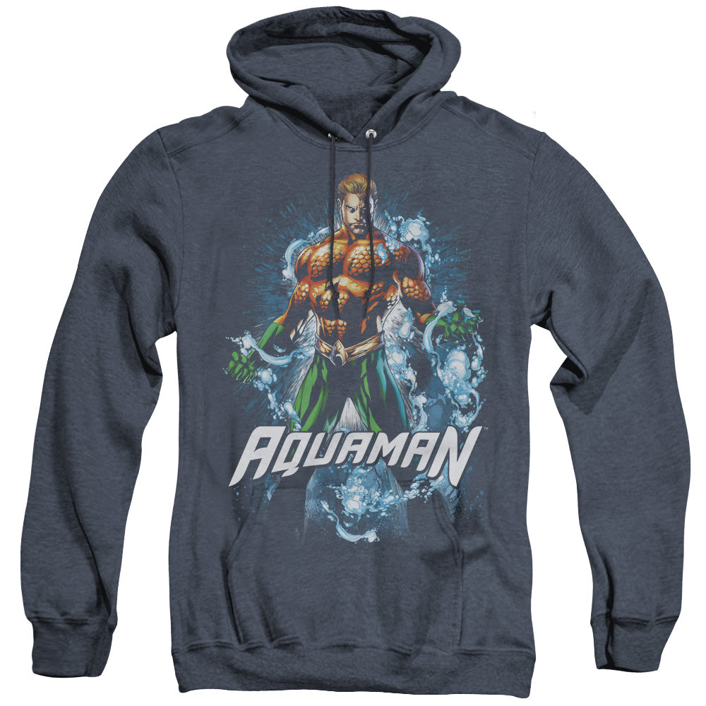 JLA/AQUAMAN WATER POWERS - ADULT HEATHER HOODIE - NAVY
