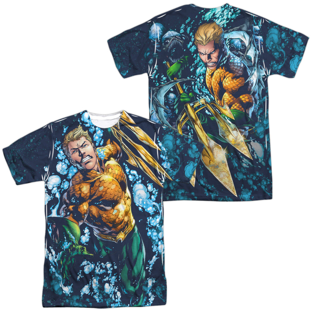 JLA/AQUAMAN TRIDENT (FRONT/BACK PRINT) - S/S ADULT POLY CREW - MULTI