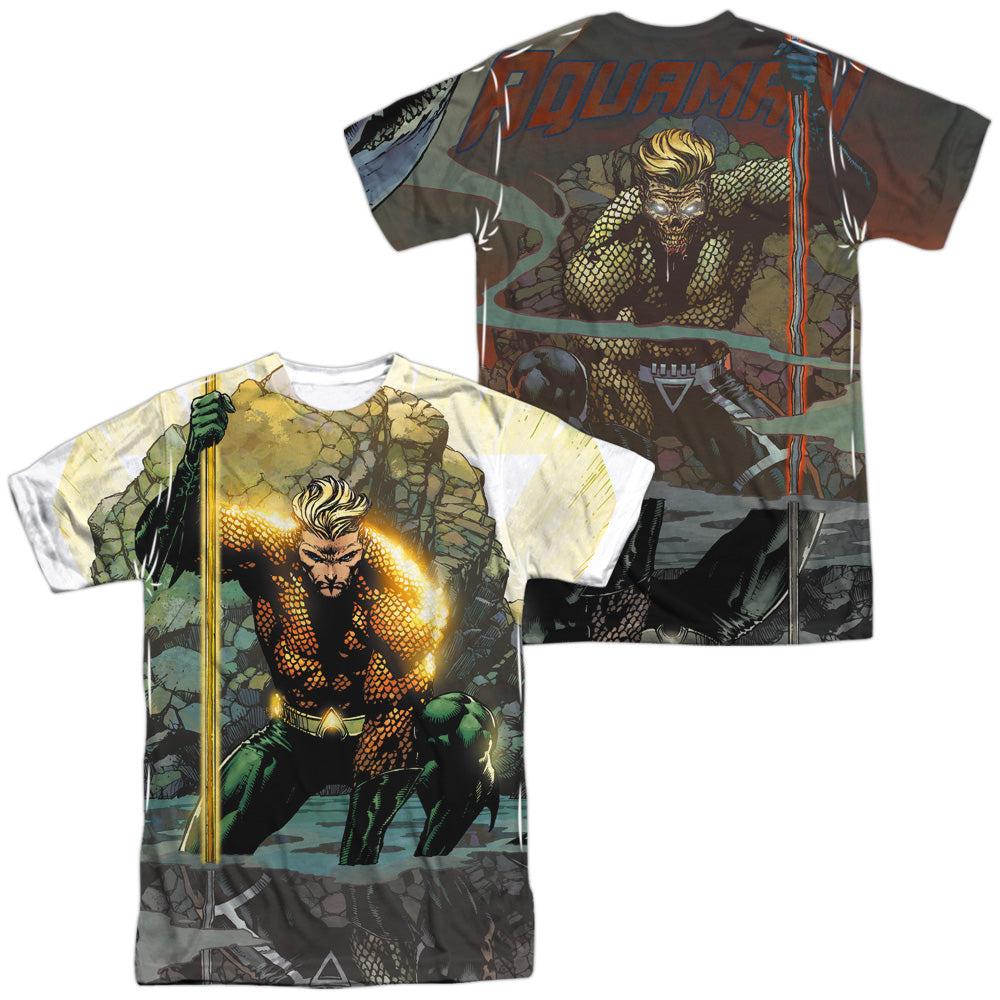 JLA/AQUAMAN GOOD VS EVIL (FRONT/BACK PRINT) - S/S ADULT POLY CREW - MULTI