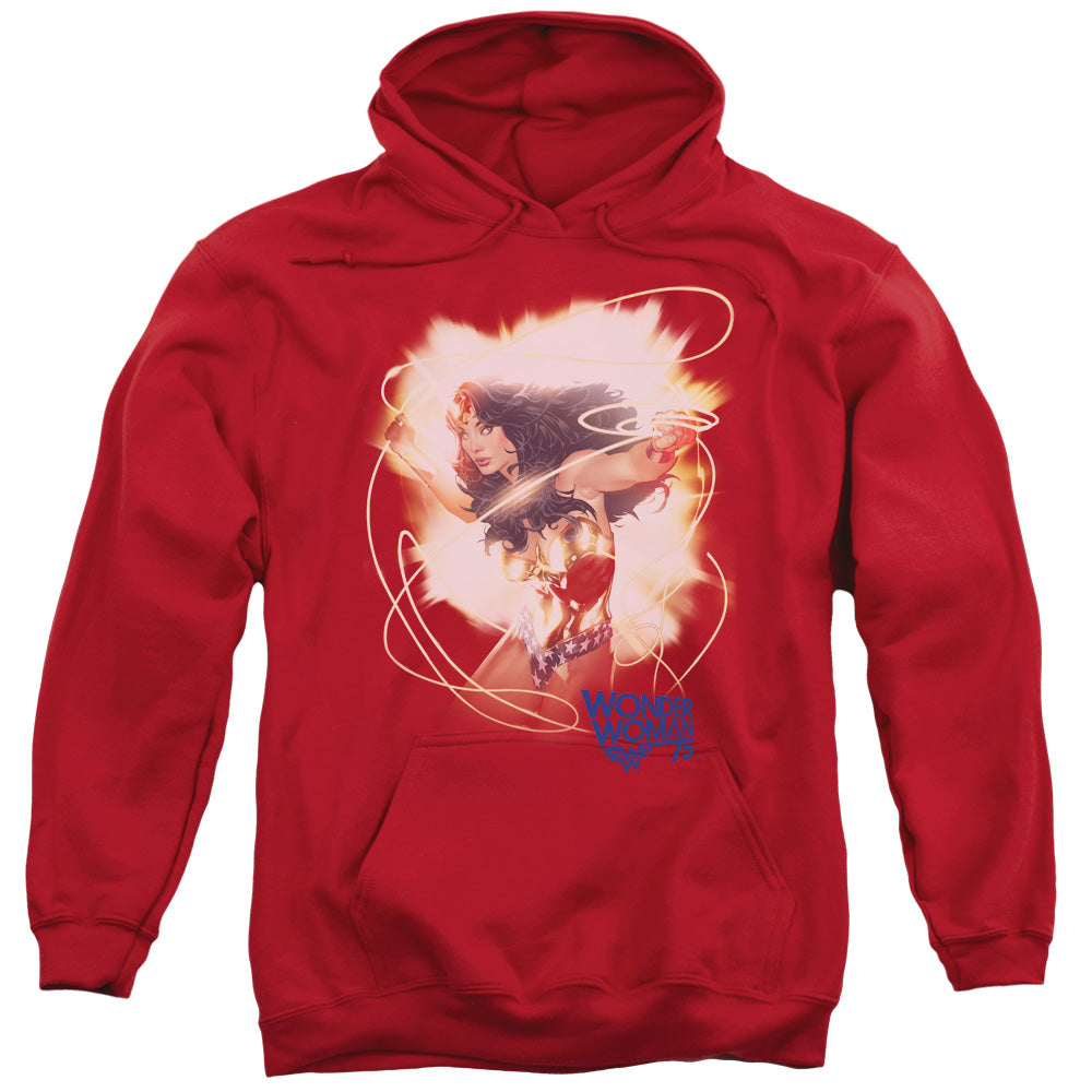 WONDER WOMAN/75TH BURST - ADULT PULLOVER HOODIE - RED