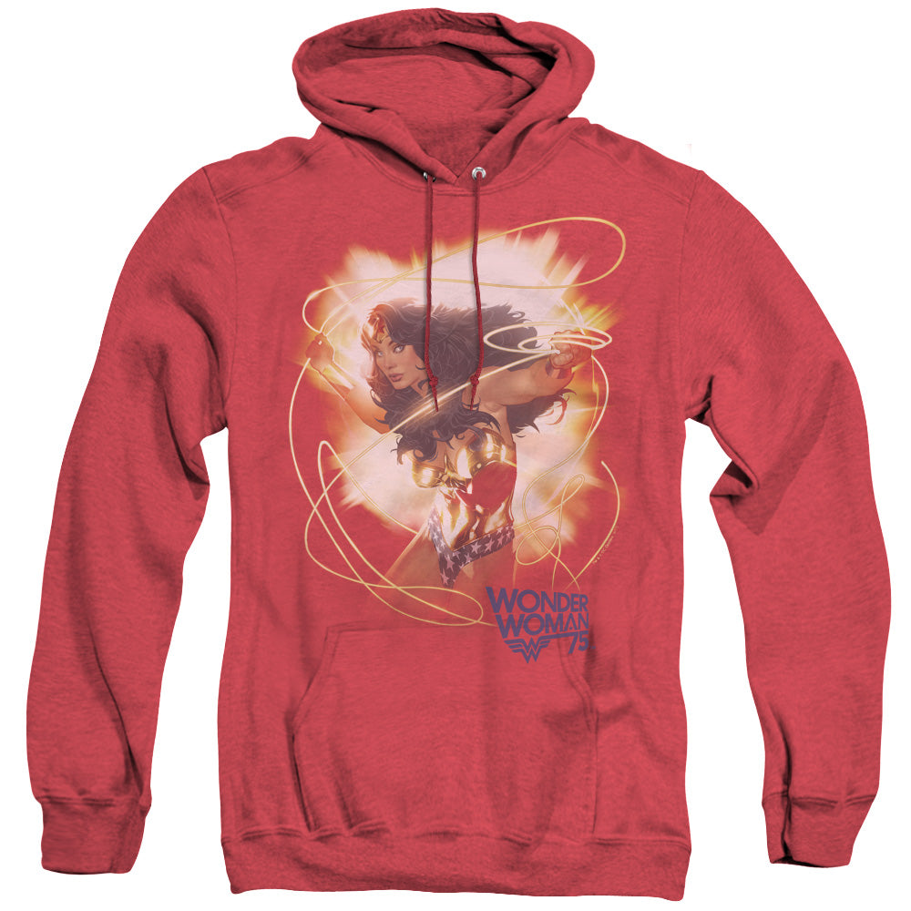 WONDER WOMAN/75TH BURST - ADULT HEATHER HOODIE - RED