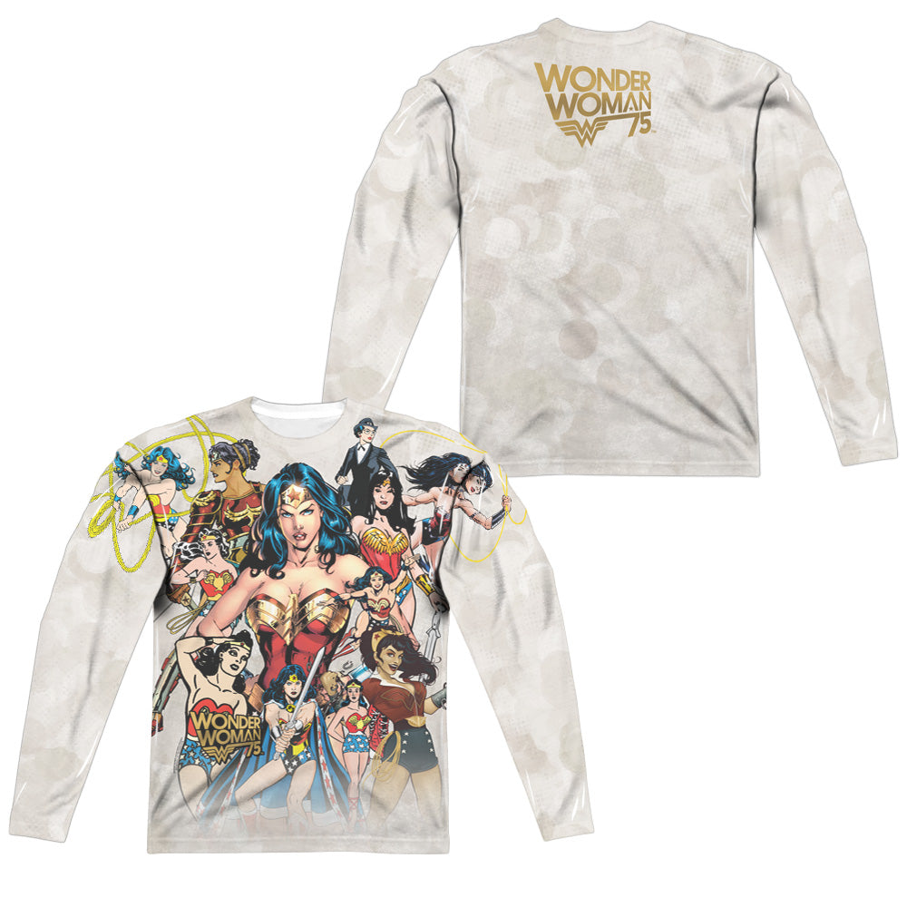 WONDER WOMAN/75TH COLLAGE (FRONT/BACK PRINT) - L/S ADULT POLY CREW  - MULTI