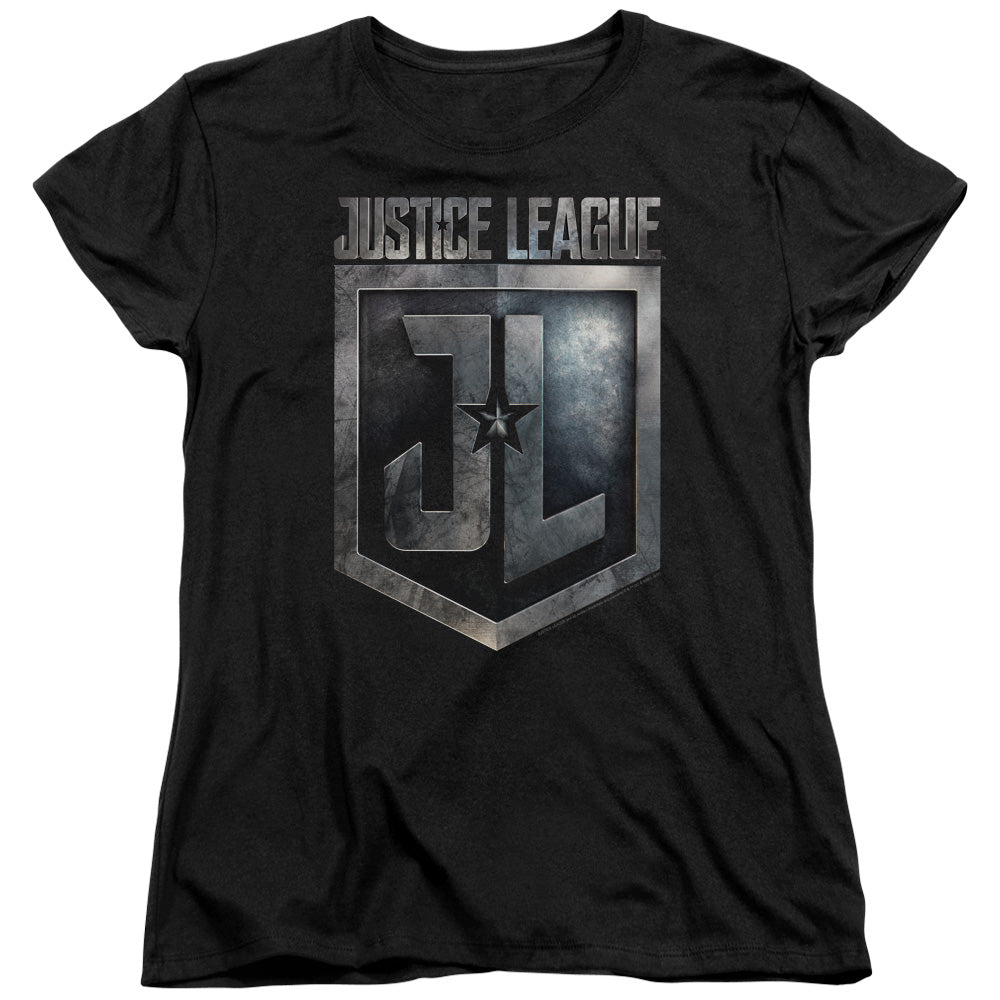 JUSTICE LEAGUE MOVIE/SHIELD LOGO - S/S WOMENS TEE - BLACK