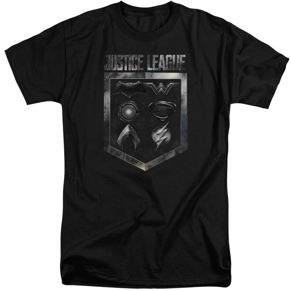 JUSTICE LEAGUE MOVIE/SHIELD OF EMBLEMS - S/S ADULT TALL 18/1 - BLACK