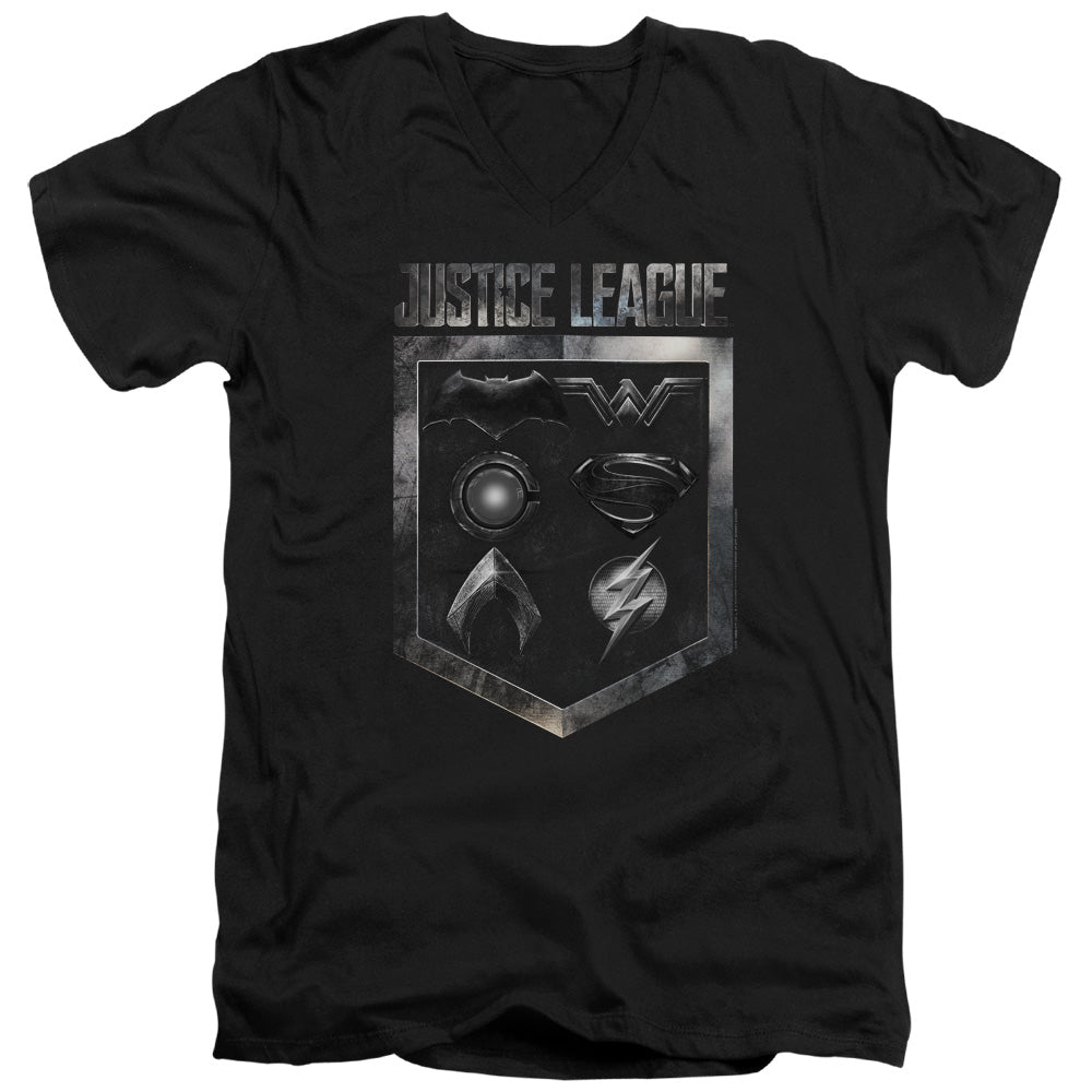 JUSTICE LEAGUE MOVIE/SHIELD OF EMBLEMS - S/S ADULT V-NECK 30/1 - BLACK
