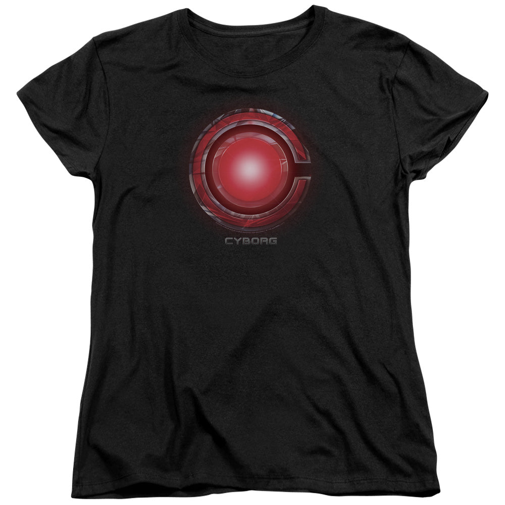 JUSTICE LEAGUE MOVIE/CYBORG LOGO - S/S WOMENS TEE - BLACK