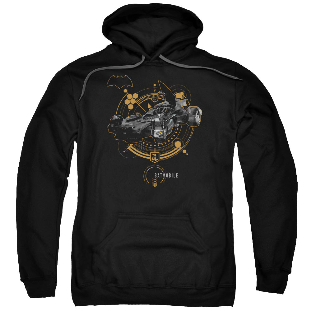 JUSTICE LEAGUE MOVIE/BATMOBILE - ADULT PULLOVER HOODIE - BLACK