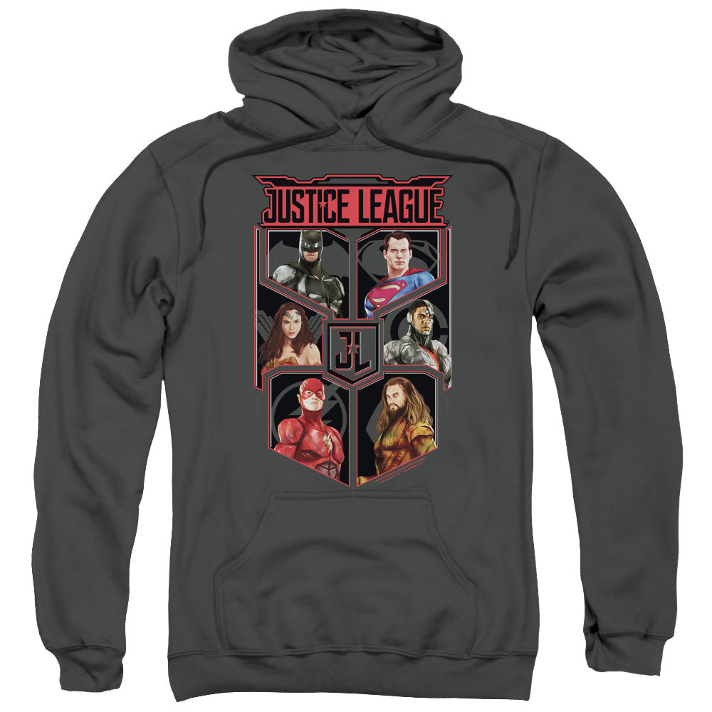 JUSTICE LEAGUE MOVIE/LEAGUE OF SIX - ADULT PULLOVER HOODIE - CHARCOAL