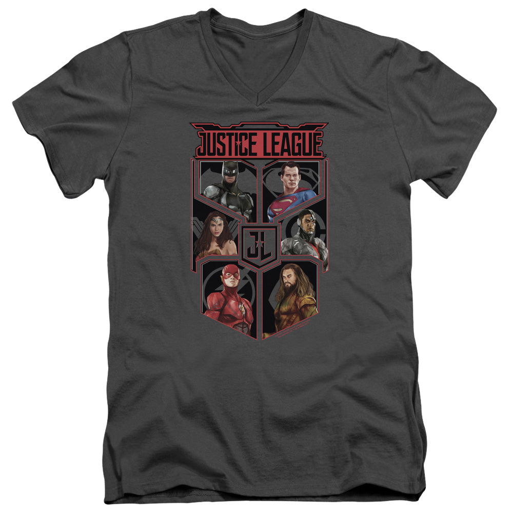 JUSTICE LEAGUE MOVIE/LEAGUE OF SIX - S/S ADULT V-NECK 30/1 - CHARCOAL