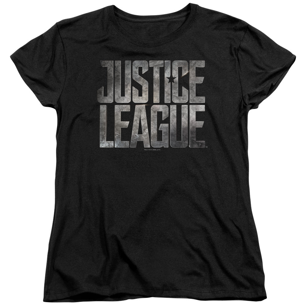 JUSTICE LEAGUE MOVIE/METAL LOGO - S/S WOMENS TEE - BLACK