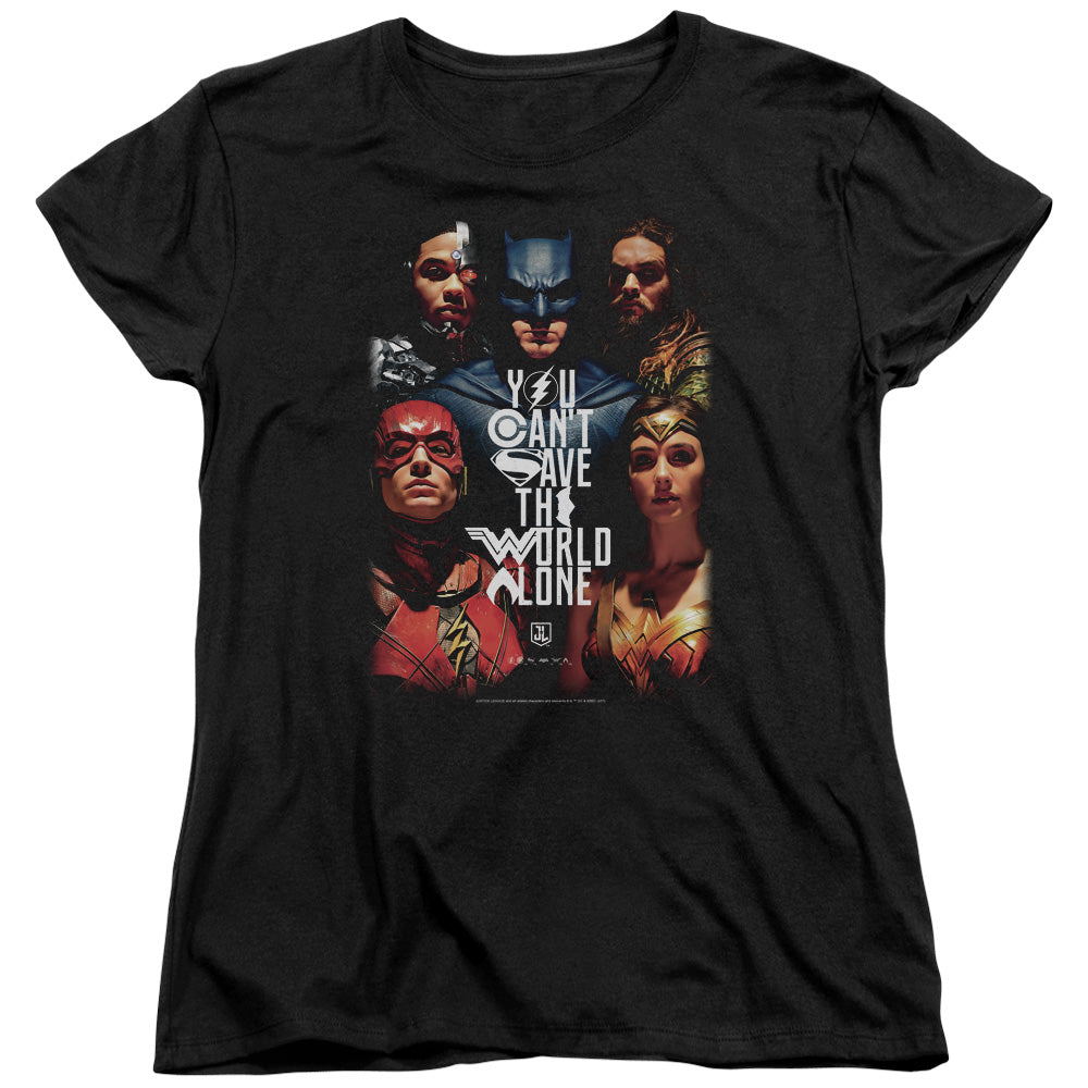 JUSTICE LEAGUE MOVIE/SAVE THE WORLD POSTER - S/S WOMENS TEE - BLACK