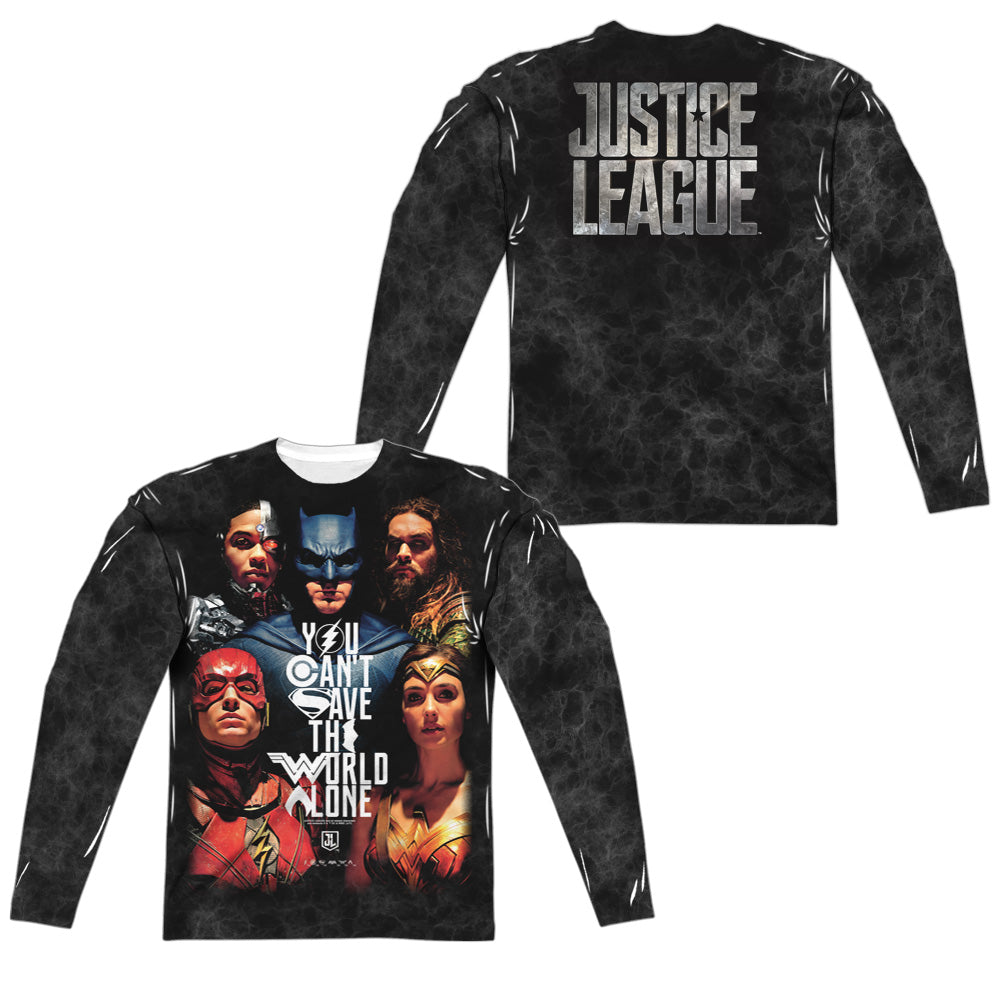 JUSTICE LEAGUE MOVIE/SAVE THE WORLD POSTER (FRONT/BACK PRINT) - L/S ADULT POLY CREW  - MULTI