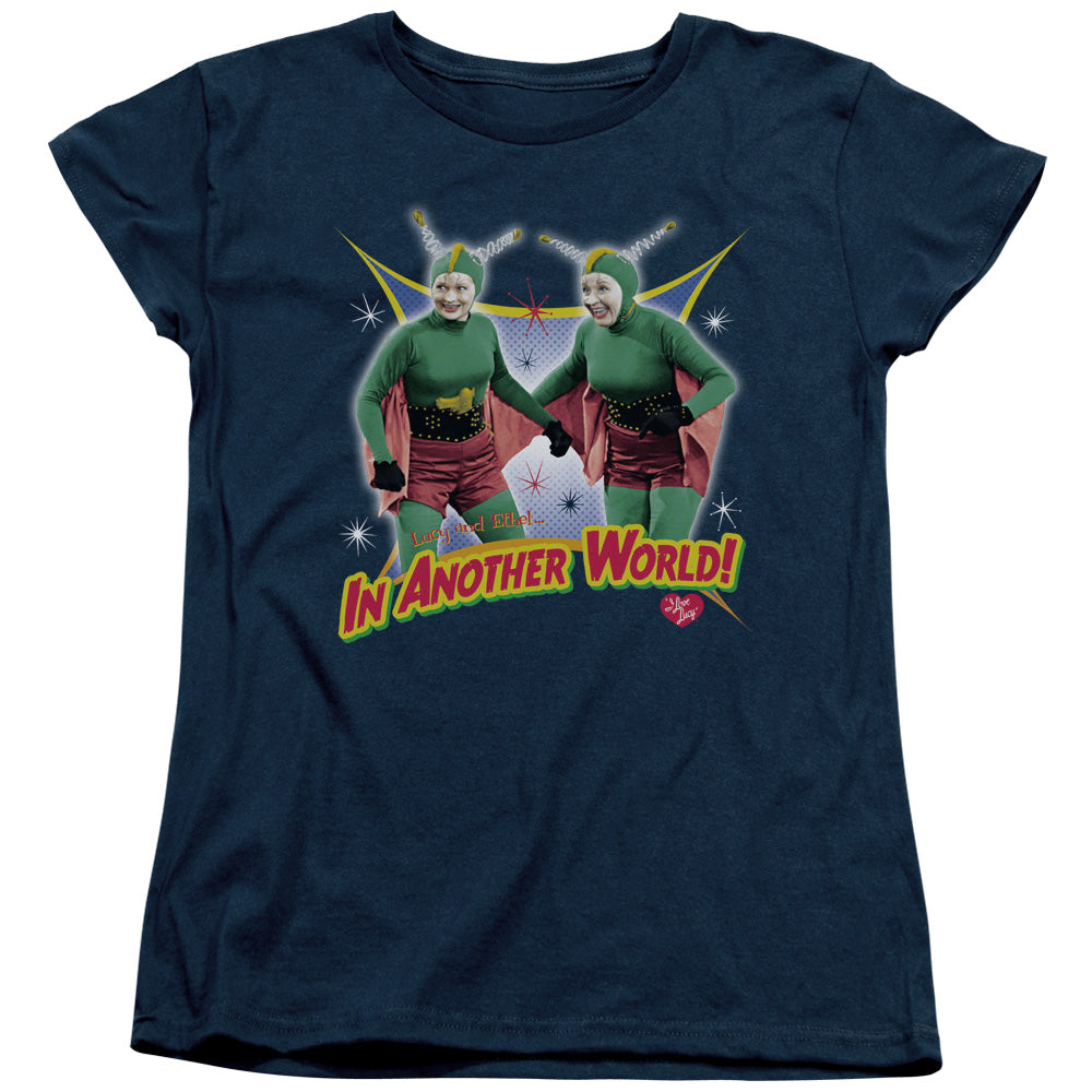 I LOVE LUCY/IN ANOTHER WORLD - S/S WOMENS TEE - NAVY