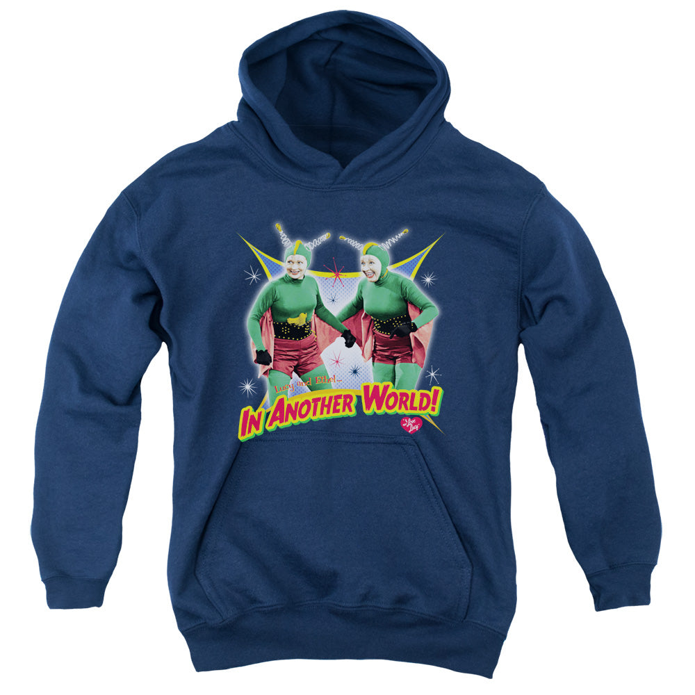 I LOVE LUCY/IN ANOTHER WORLD - YOUTH PULLOVER HOODIE - NAVY