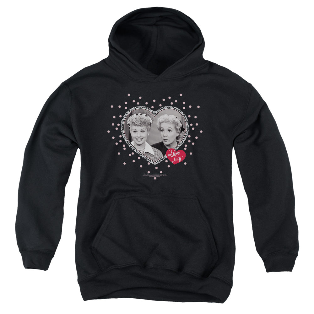 I LOVE LUCY/HEARTS AND DOTS - YOUTH PULLOVER HOODIE - BLACK