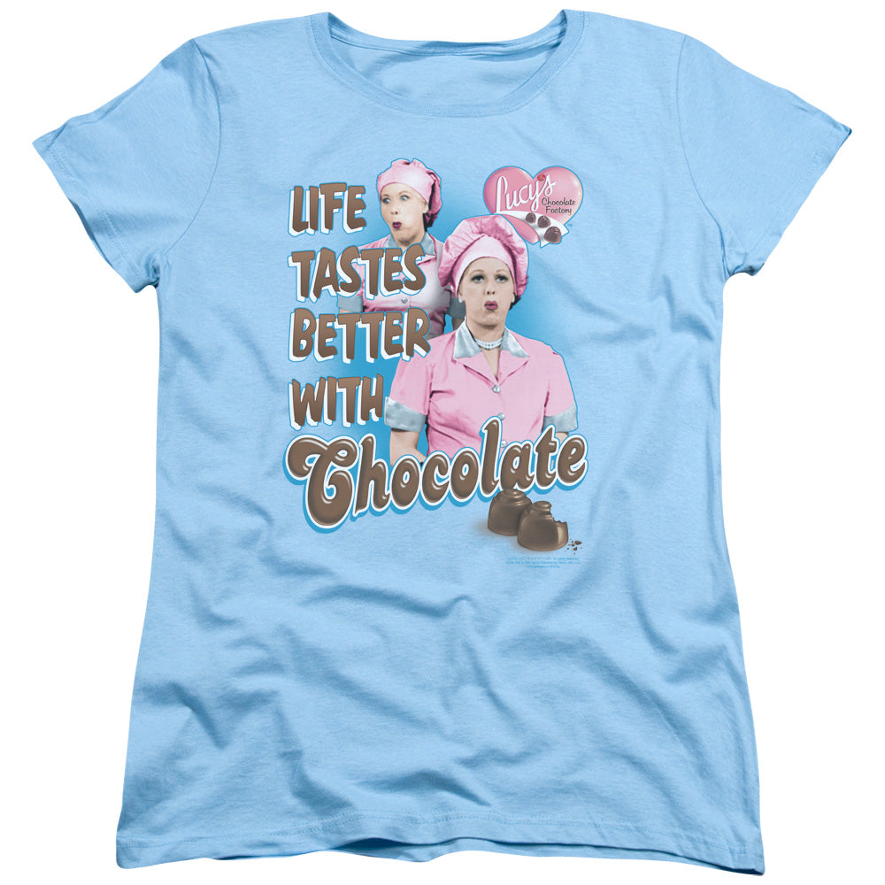 I LOVE LUCY/BETTER WITH CHOCOLATE - S/S WOMENS TEE - LIGHT BLUE