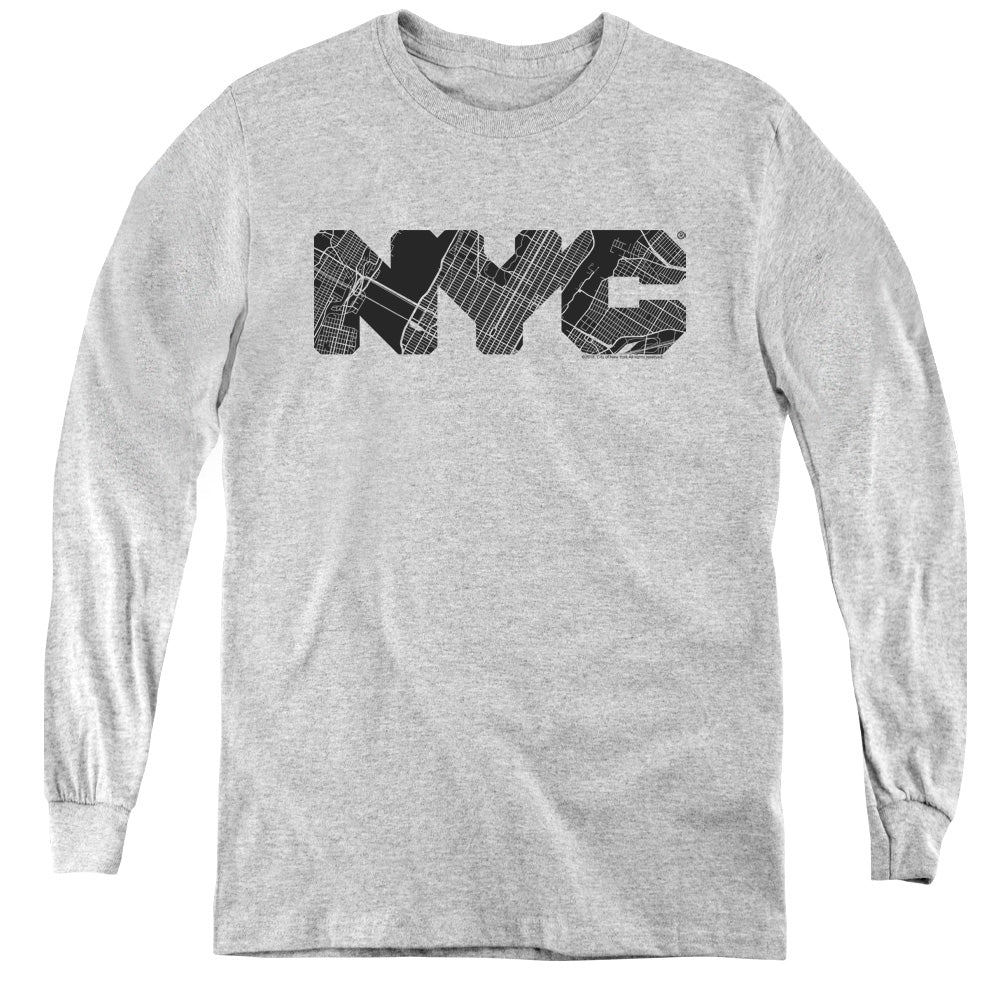 NEW YORK CITY/NYC MAP FILL - YOUTH LONG SLEEVE TEE - ATHLETIC HEATHER
