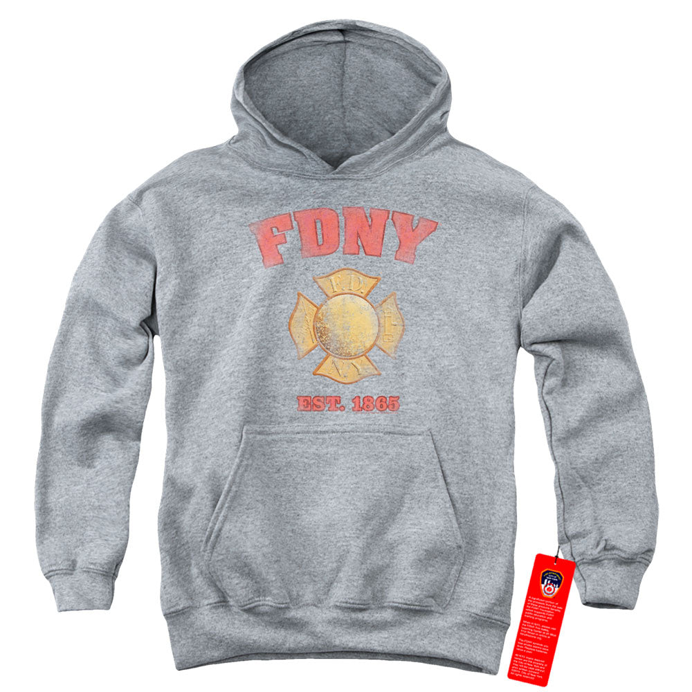 NEW YORK CITY/FDNY VINTAGE BADGE - YOUTH PULLOVER HOODIE - ATHLETIC HEATHER
