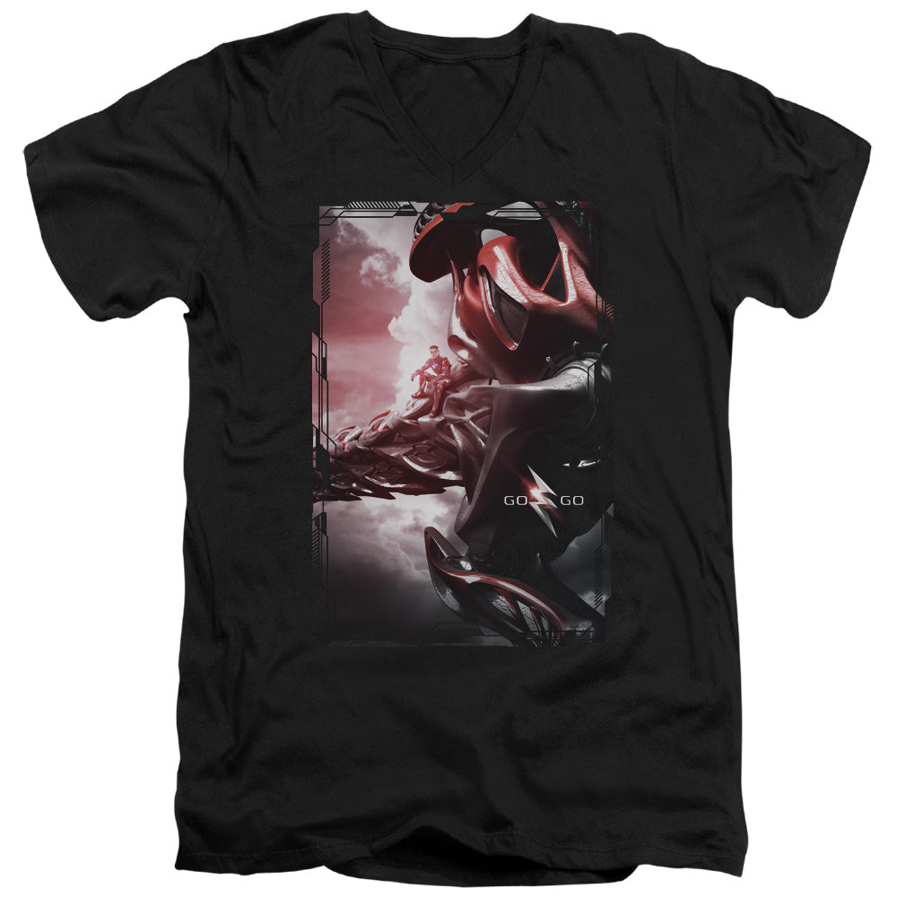 POWER RANGERS MOVIE/RED ZORD POSTER - S/S ADULT V-NECK 30/1 - BLACK