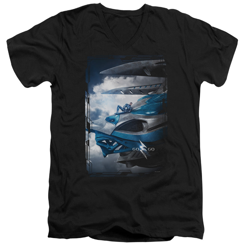 POWER RANGERS MOVIE/BLUE ZORD POSTER - S/S ADULT V-NECK 30/1 - BLACK