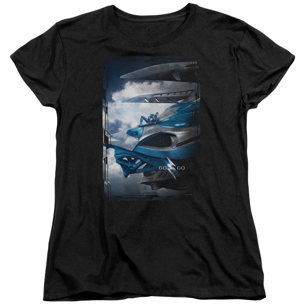 POWER RANGERS MOVIE/BLUE ZORD POSTER - S/S WOMENS TEE - BLACK