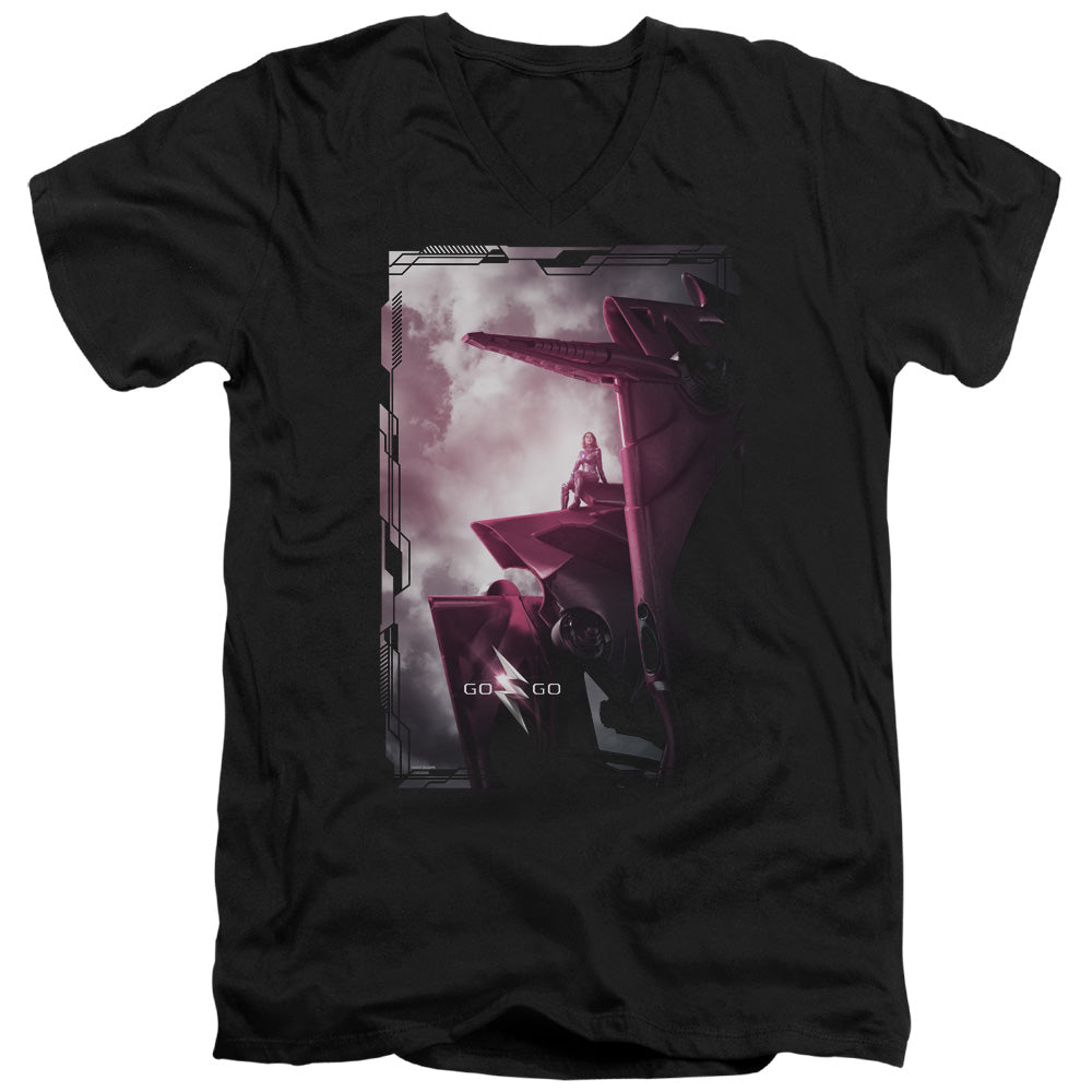 POWER RANGERS MOVIE/PINK ZORD POSTER - S/S ADULT V-NECK 30/1 - BLACK