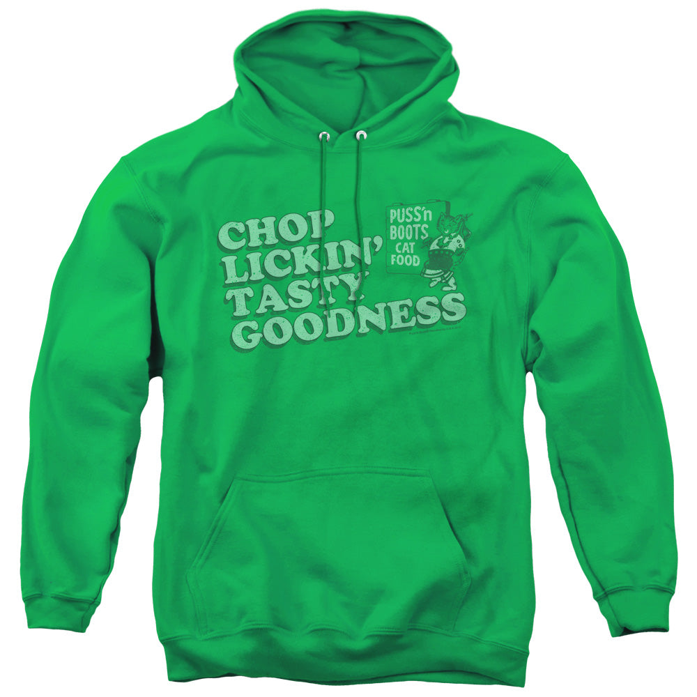 PUSS N BOOTS/CHOP LICKIN TASTY GOODNESS - ADULT PULLOVER HOODIE - KELLY GREEN