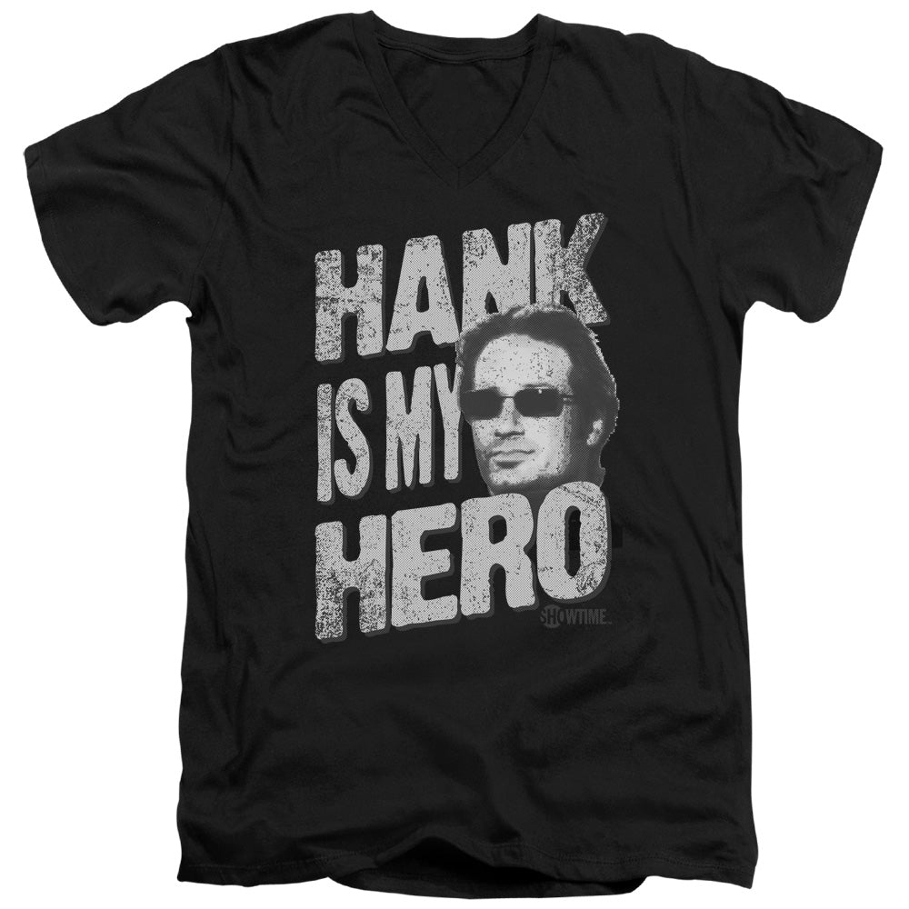 CALIFORNICATION/HANK IS MY HERO - S/S ADULT V-NECK 30/1 - BLACK