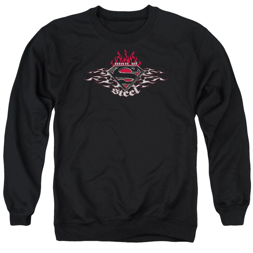 SUPERMAN/STEEL FLAMES SHIELD - ADULT CREWNECK SWEATSHIRT - BLACK