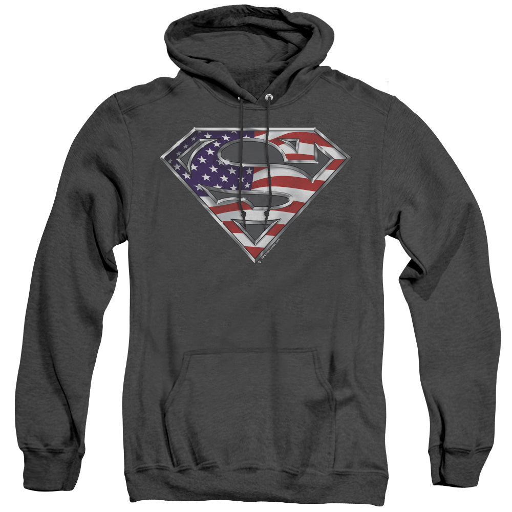 SUPERMAN/ALL AMERICAN SHIELD - ADULT HEATHER HOODIE - BLACK