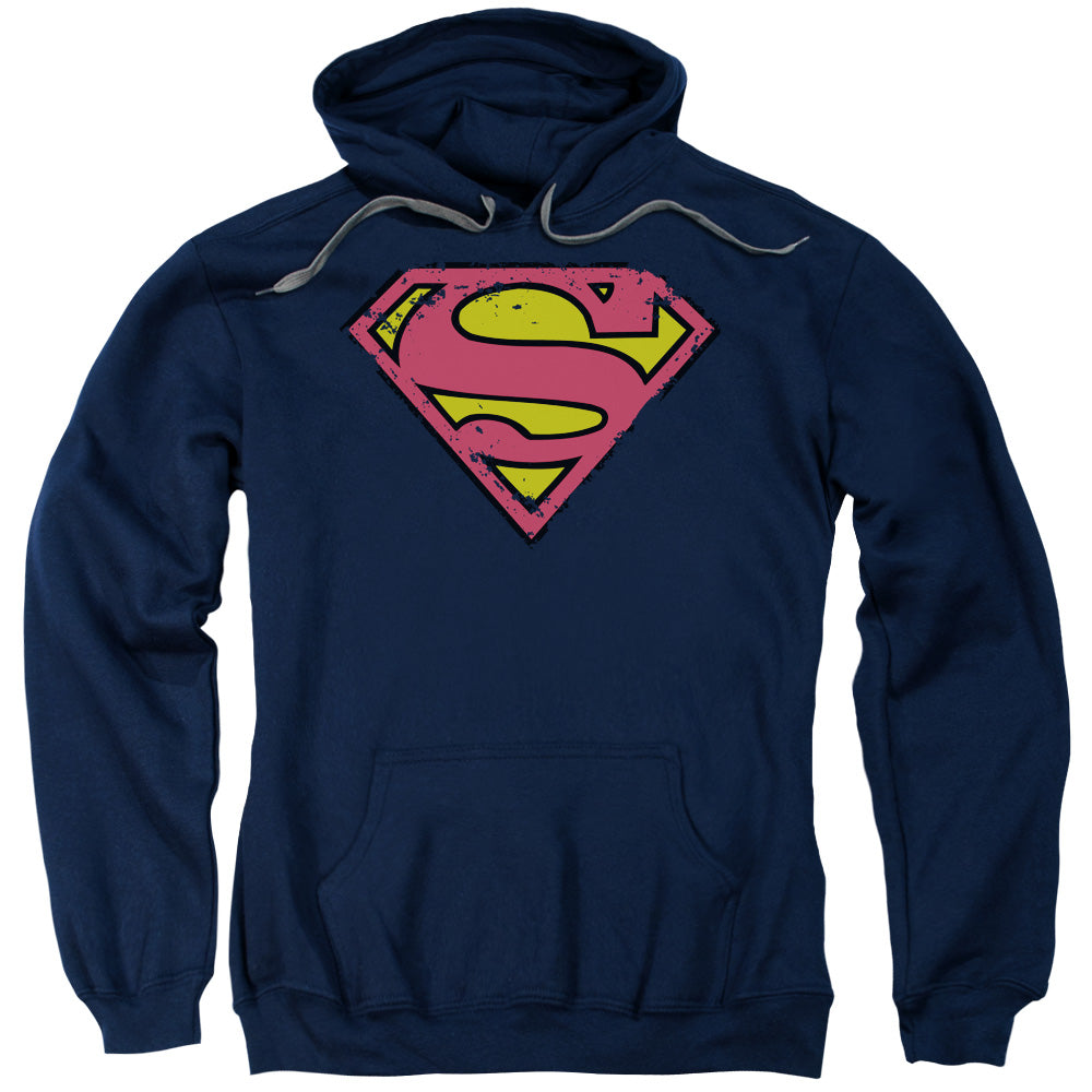 SUPERMAN/DISTRESSED SHIELD - ADULT PULLOVER HOODIE - NAVY