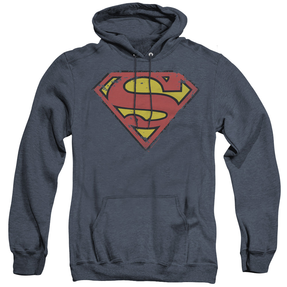 SUPERMAN/DISTRESSED SHIELD - ADULT HEATHER HOODIE - NAVY