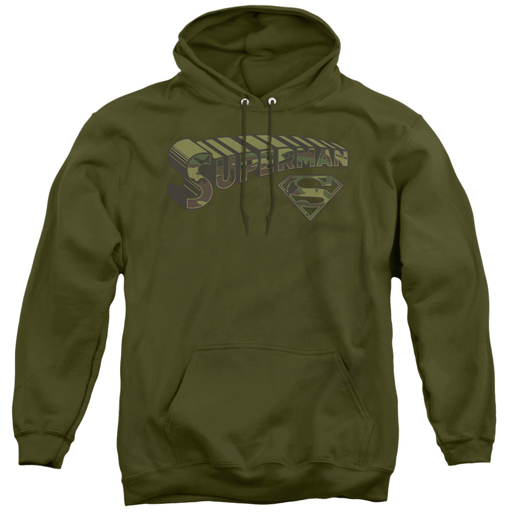 SUPERMAN/CAMO LOGO & SHIELD - ADULT PULLOVER HOODIE - MILITARY GREEN